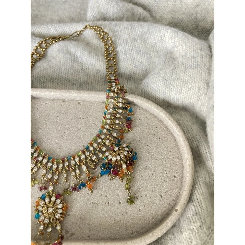 Gold Tone Rhinestone Bib Necklace‎ Multicolor Beaded Dangle Bollywood Bling